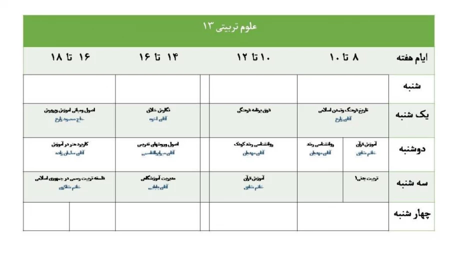 برنامه کلاسی نیمسال اول سال تحصیلی 95-94 کارشناسی پیوسته 12