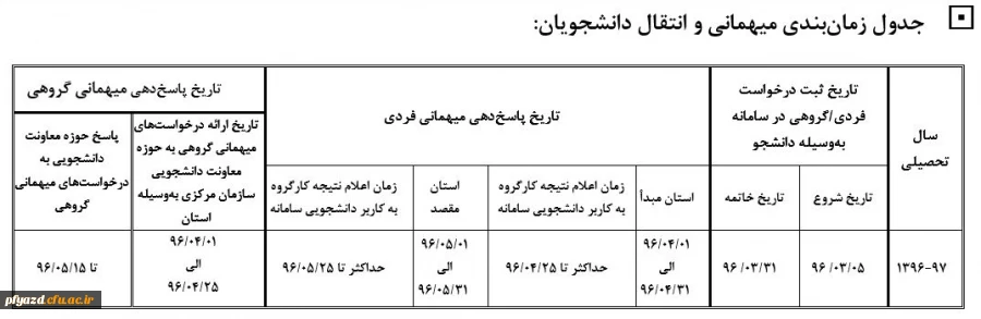 تقویم اجرایی مربوط به میهمانی و انتقال دانشجویان
(برای سال تحصیلی 97-1396) 2