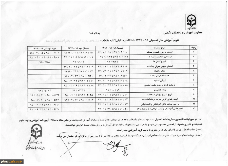 برنامه زمانبندی انتخاب واحد کلیه مقاطع تحصیلی در نیم سال اول 98-97 2